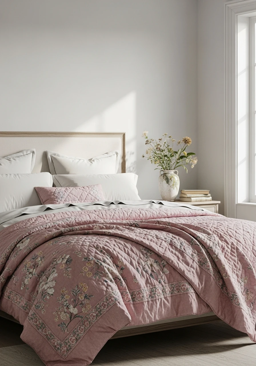 Dusty Pink Floral Quilt With Antique Charm