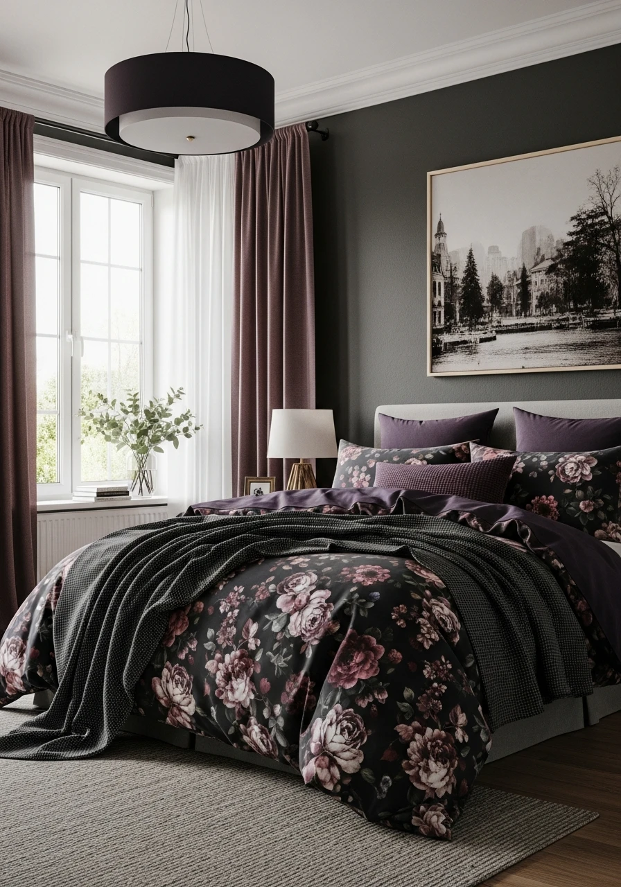 Moody Floral Bedding With Deep Plum Colors