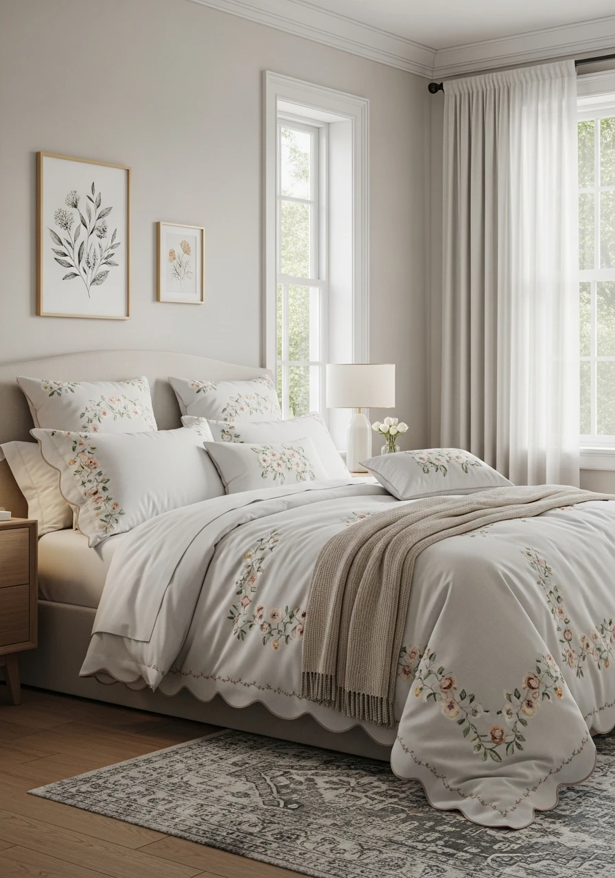 Scalloped Edge Floral Bedding With Vintage Details
