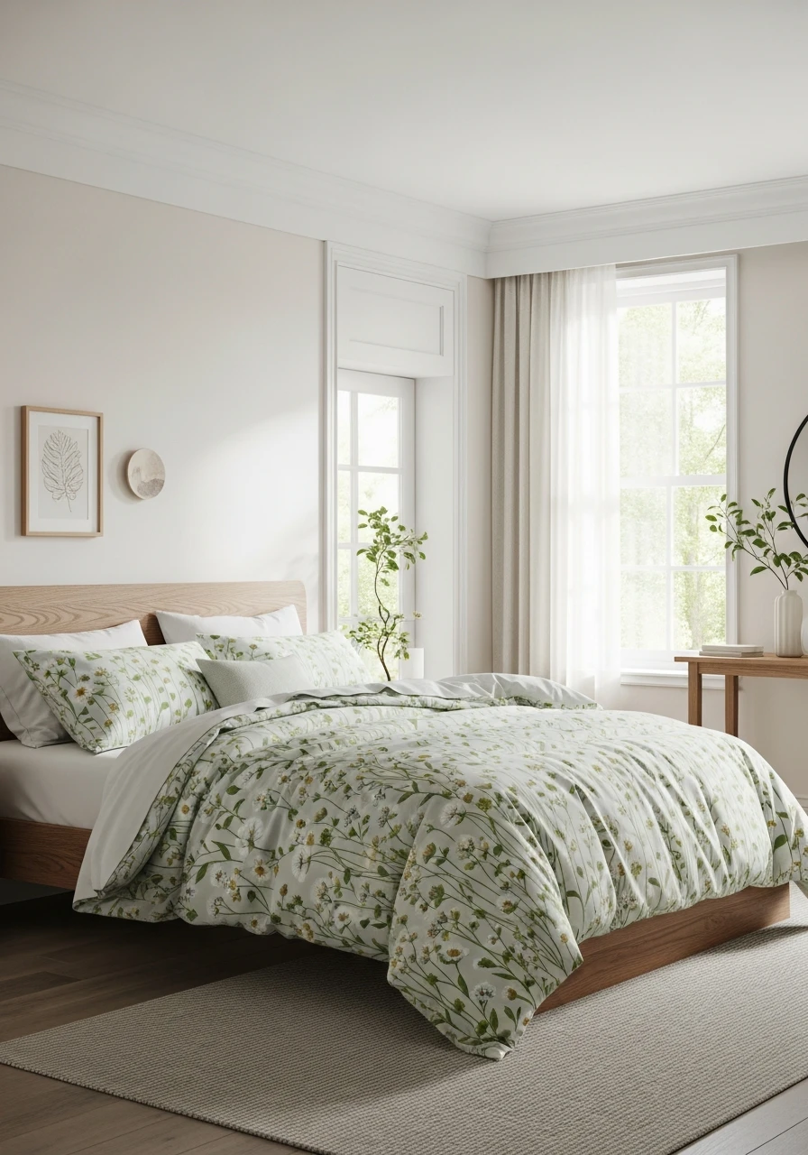 Meadow-Inspired Floral Bedding With Soft Greens