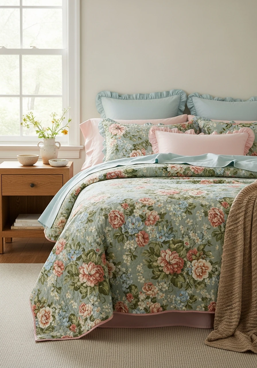 Vintage Cottagecore Floral Quilt Styling