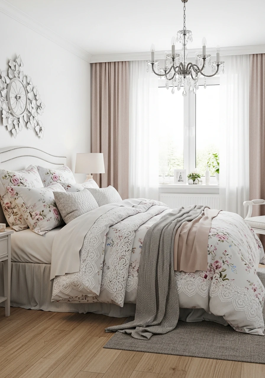 Romantic Floral Bedding With Lace-Inspired Textures