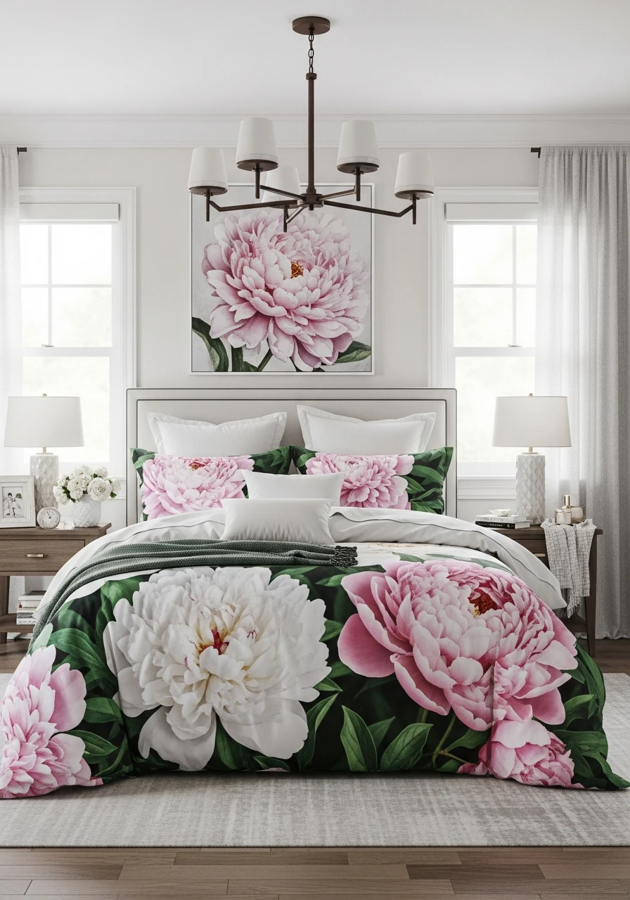 Large-Scale Peony Print Bedding As Statement Piece