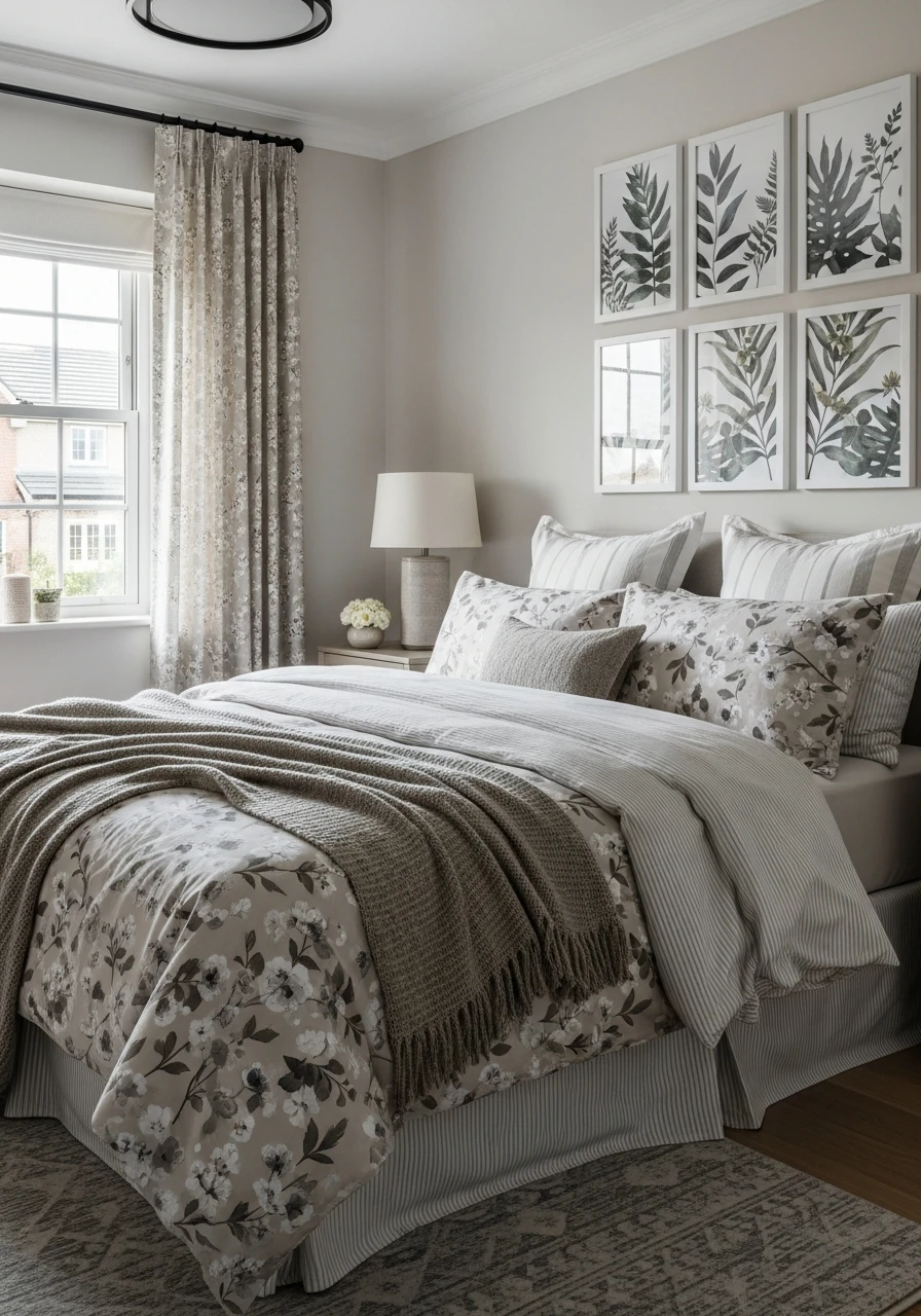 Neutral Floral Bedding Mixed With Striped Layers