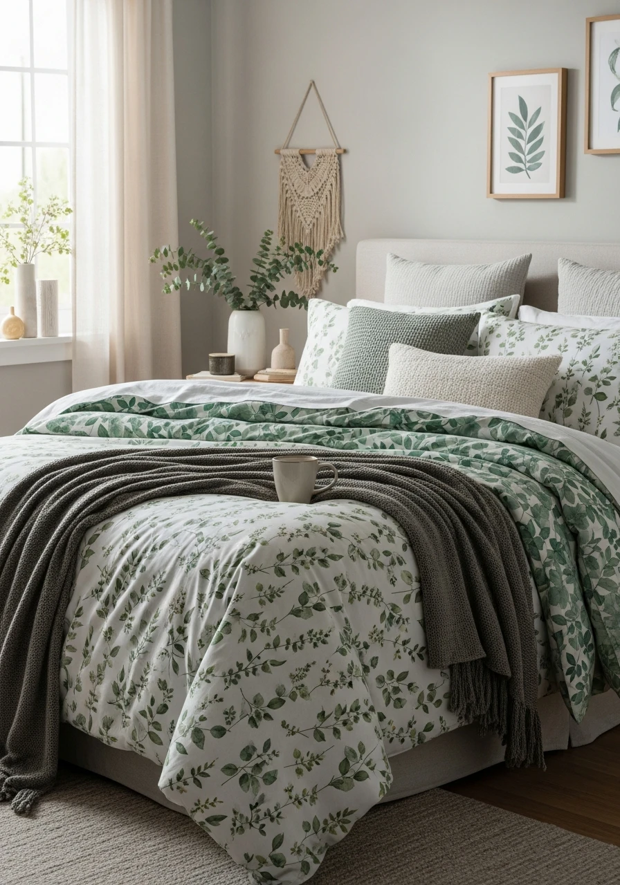 Botanical Leaf And Flower Pattern Bedding Combo
