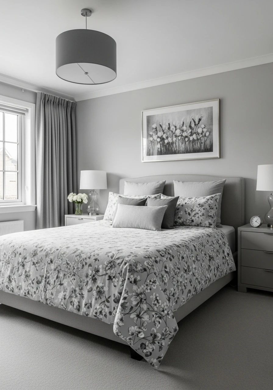 Monochrome Floral Bedding In Soft Grey Tones
