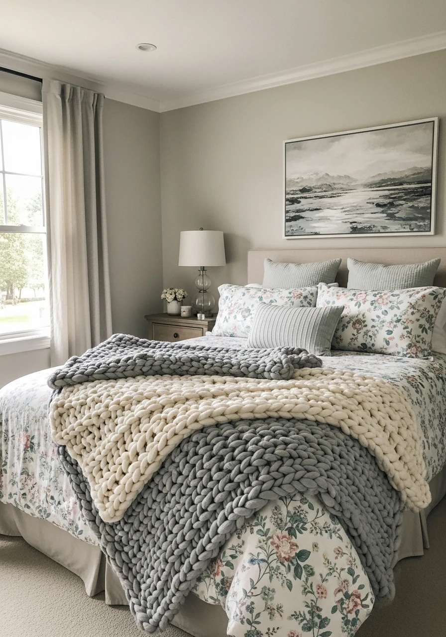 Soft Floral Bedding Styled With Chunky Knit Throws
