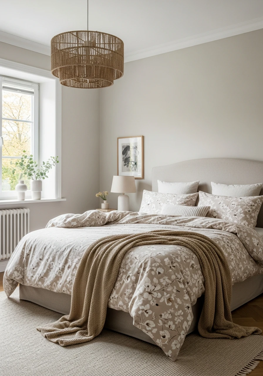 Neutral Beige Floral Bedding For Calm Bedrooms