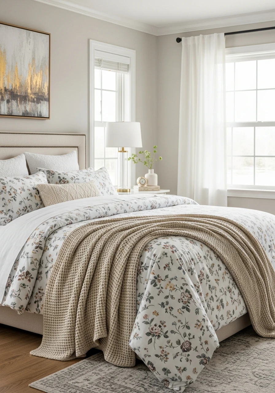 Floral Bedding With Waffle Texture Blanket Layers