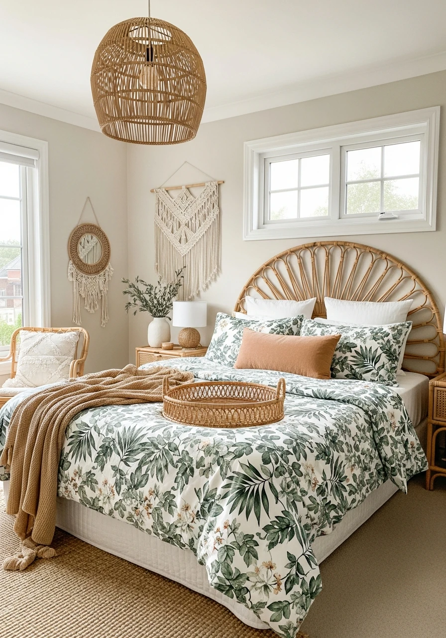 Botanical Floral Bedding Paired With Rattan Decor