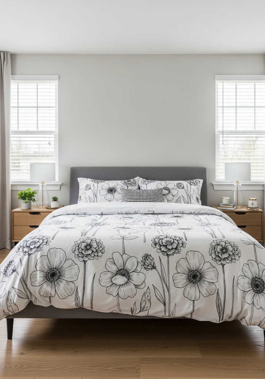 Floral Duvet With Hand-Drawn Sketch Style Prints