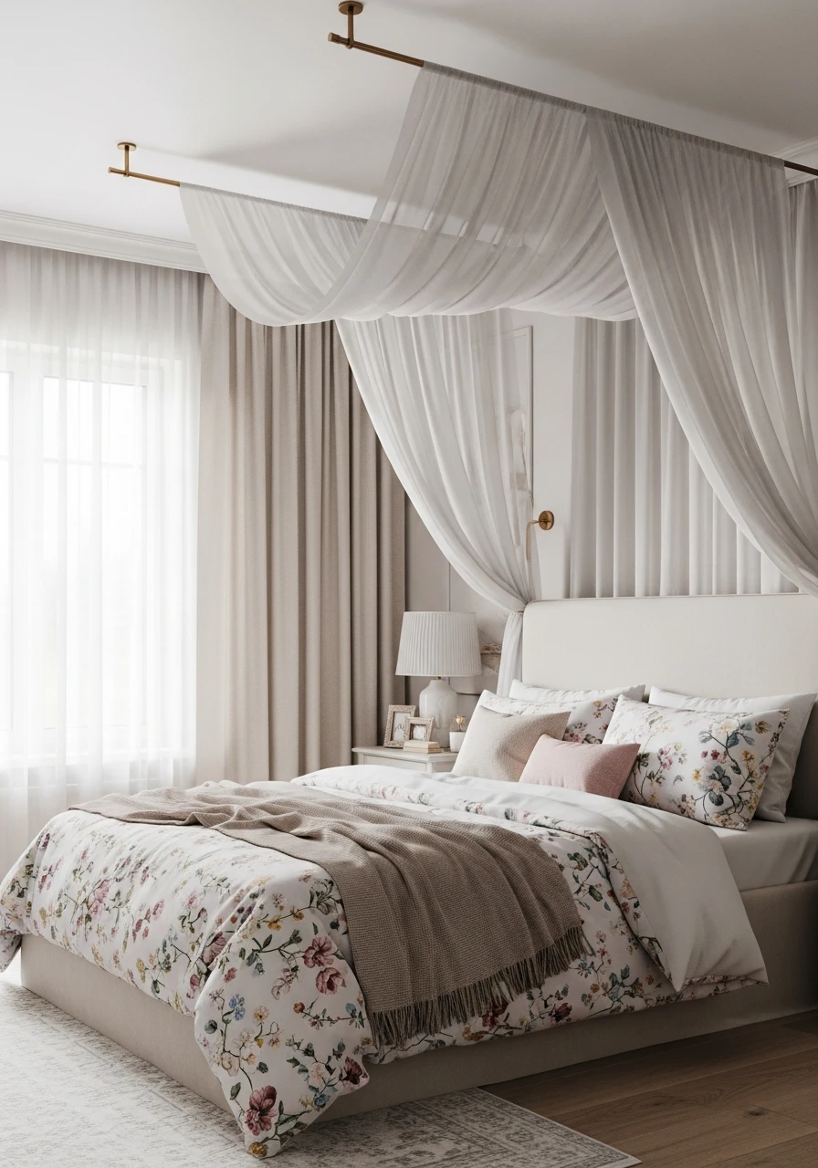 Romantic Floral Bedding With Sheer Canopy Layers