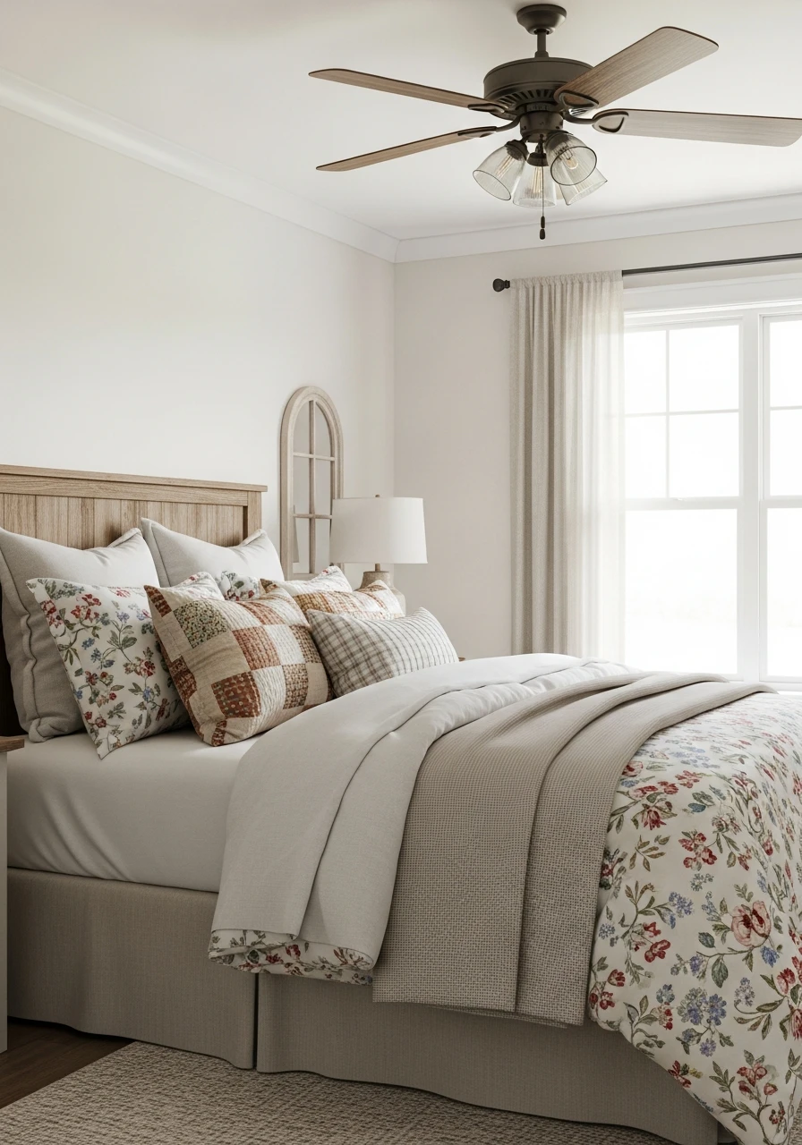 Country Farmhouse Floral Bedding With Patchwork Pillows