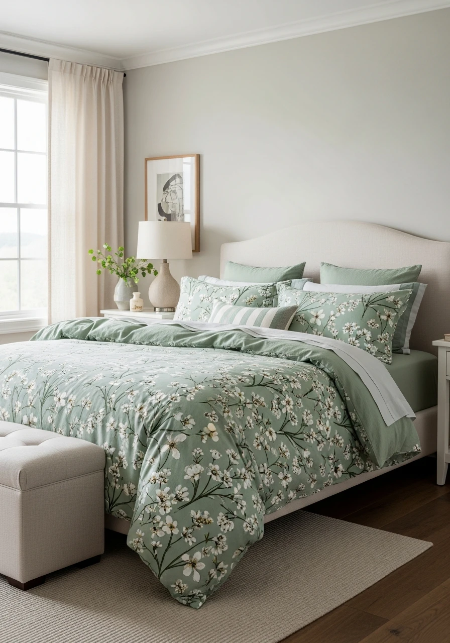 Soft Sage Botanical Bedding With Linen Texture
