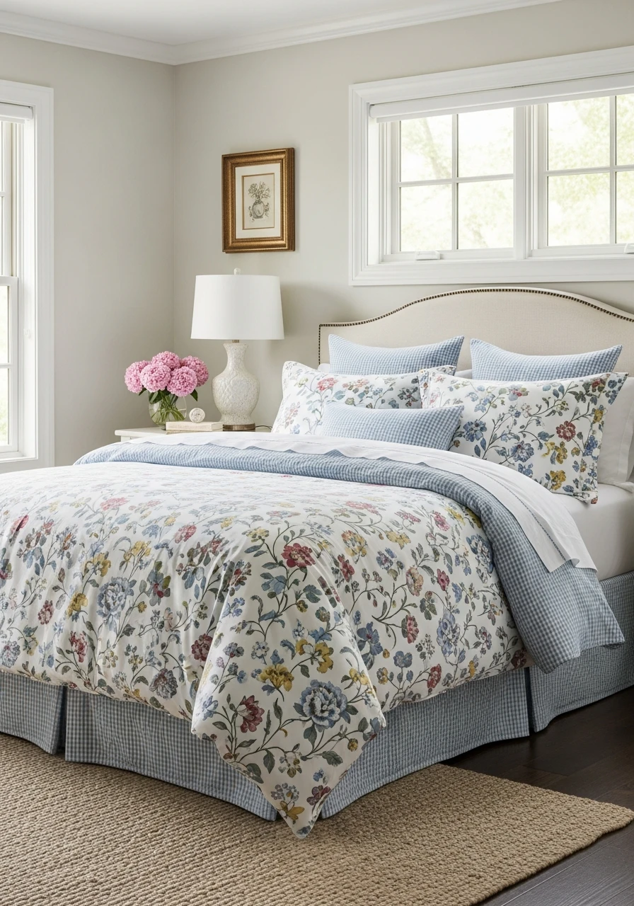 Floral Bedding Styled With Soft Seersucker Texture