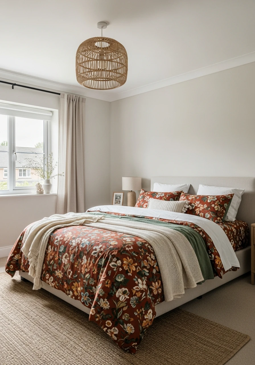 Boho Floral Bedding With Earthy Rust And Sage Colors