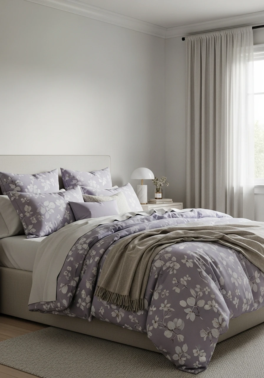 Muted Lavender Floral Bedding With Calm Neutral Base