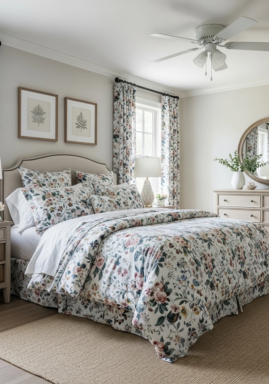 Layered Floral Bedding With Mixed Scale Patterns