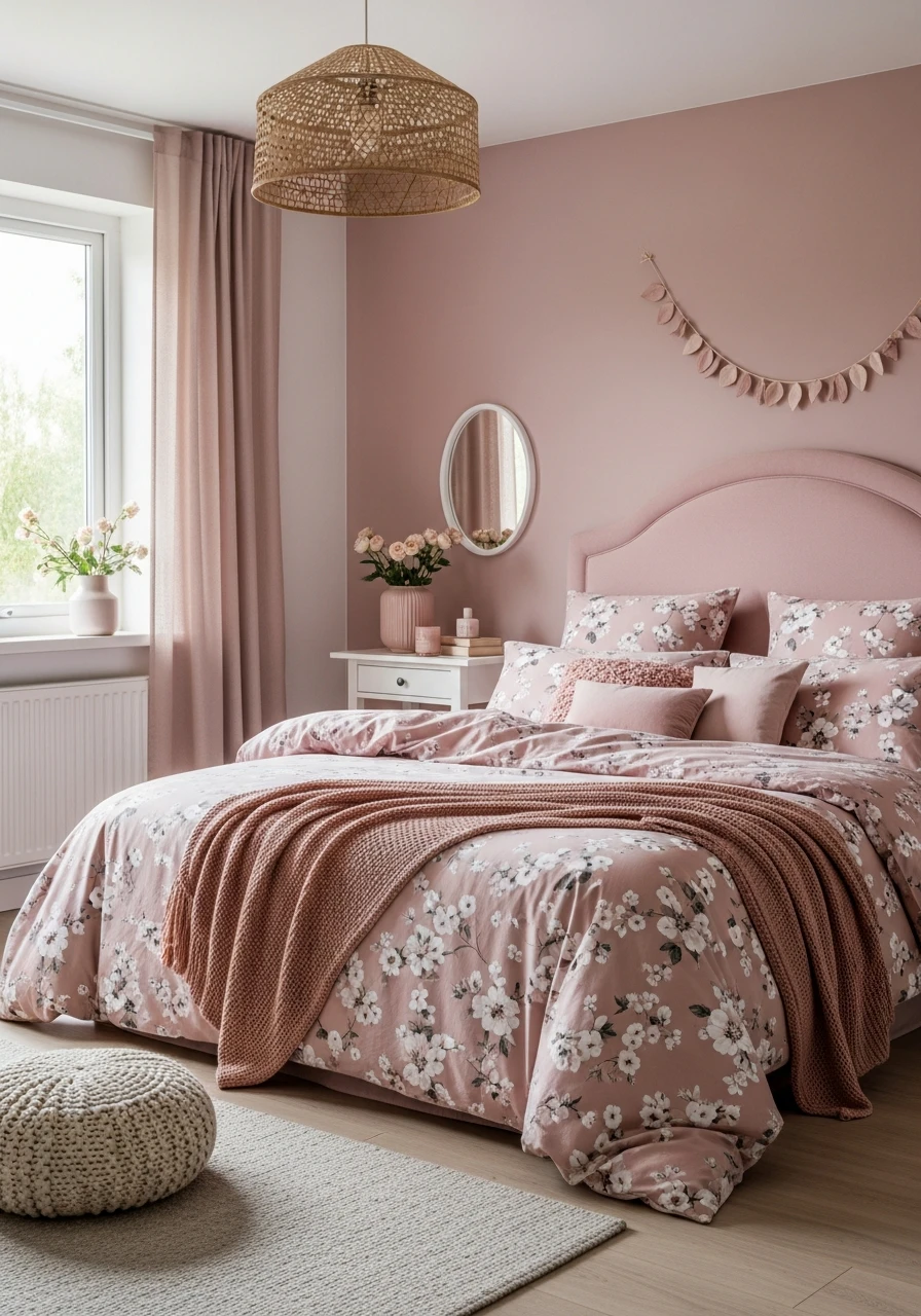 Soft Romantic Floral Bedding In Dusty Rose Palette