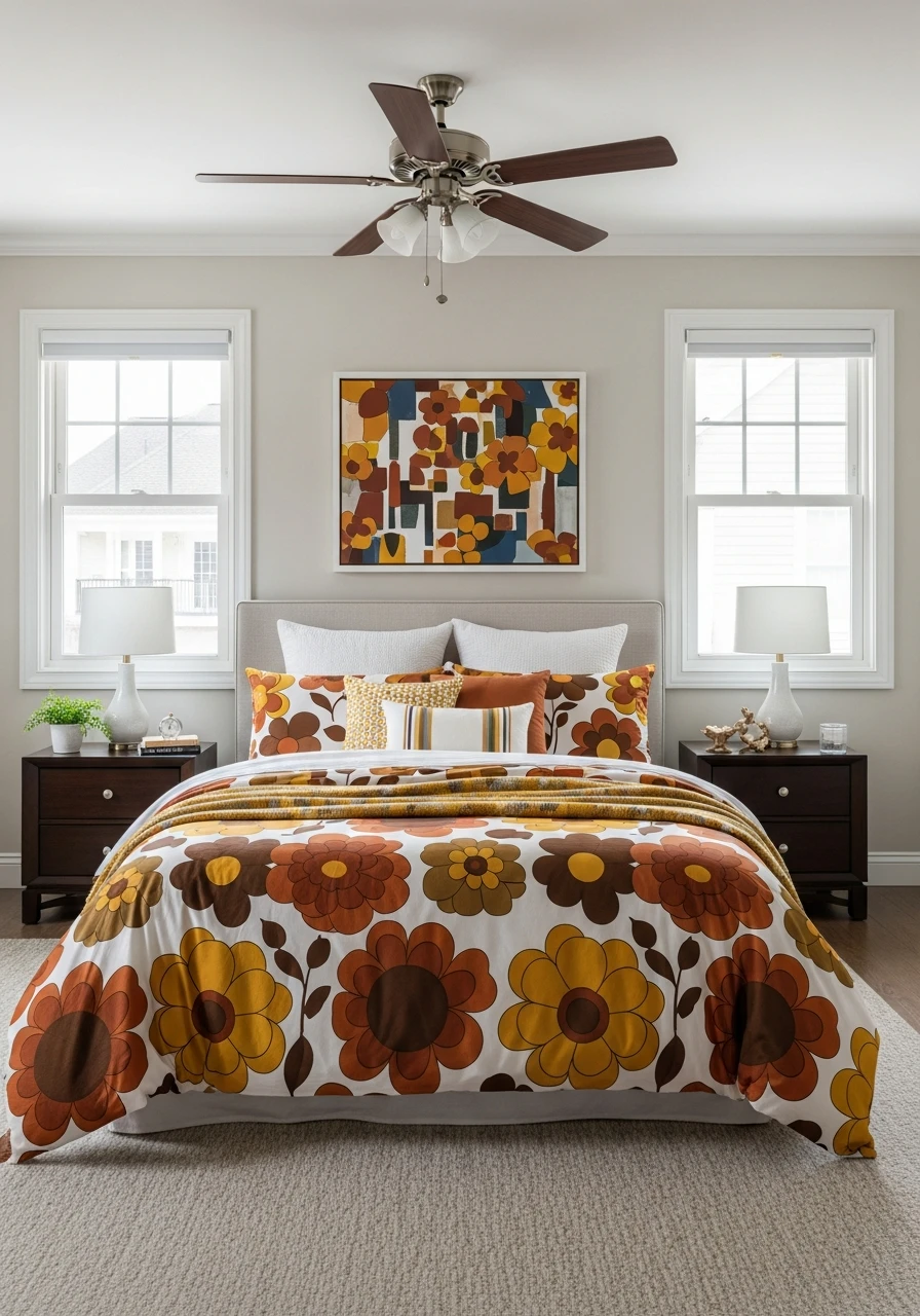 Retro 70s Inspired Floral Bedding With Warm Browns