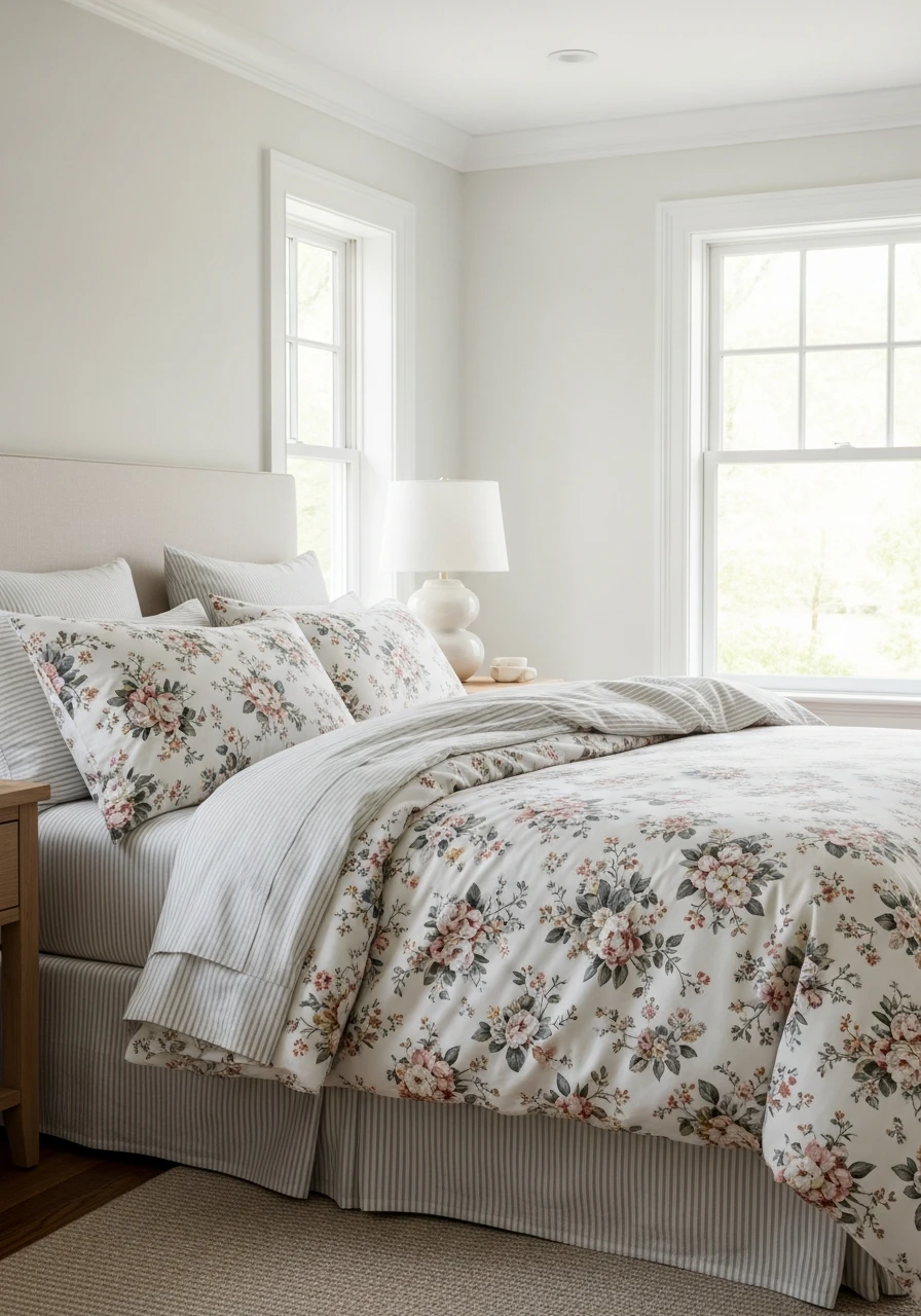 Floral Bedding Styled With Classic Stripe Sheet Layers