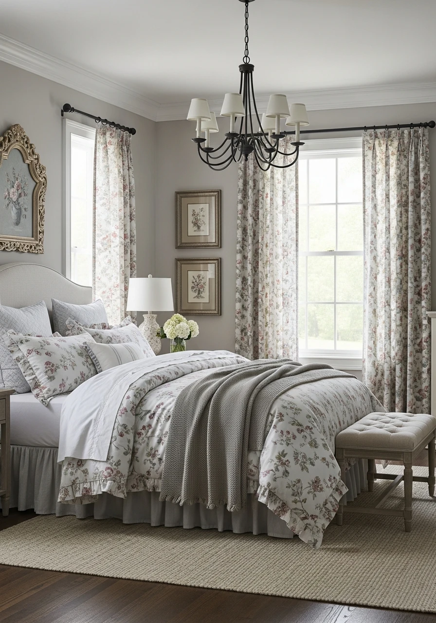 French Country Floral Bedding With Ruffled Edges