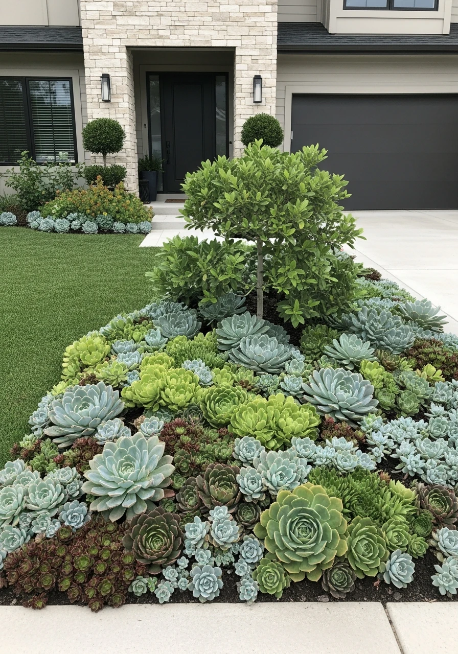 10. Monochromatic Succulent Front Yard Garden