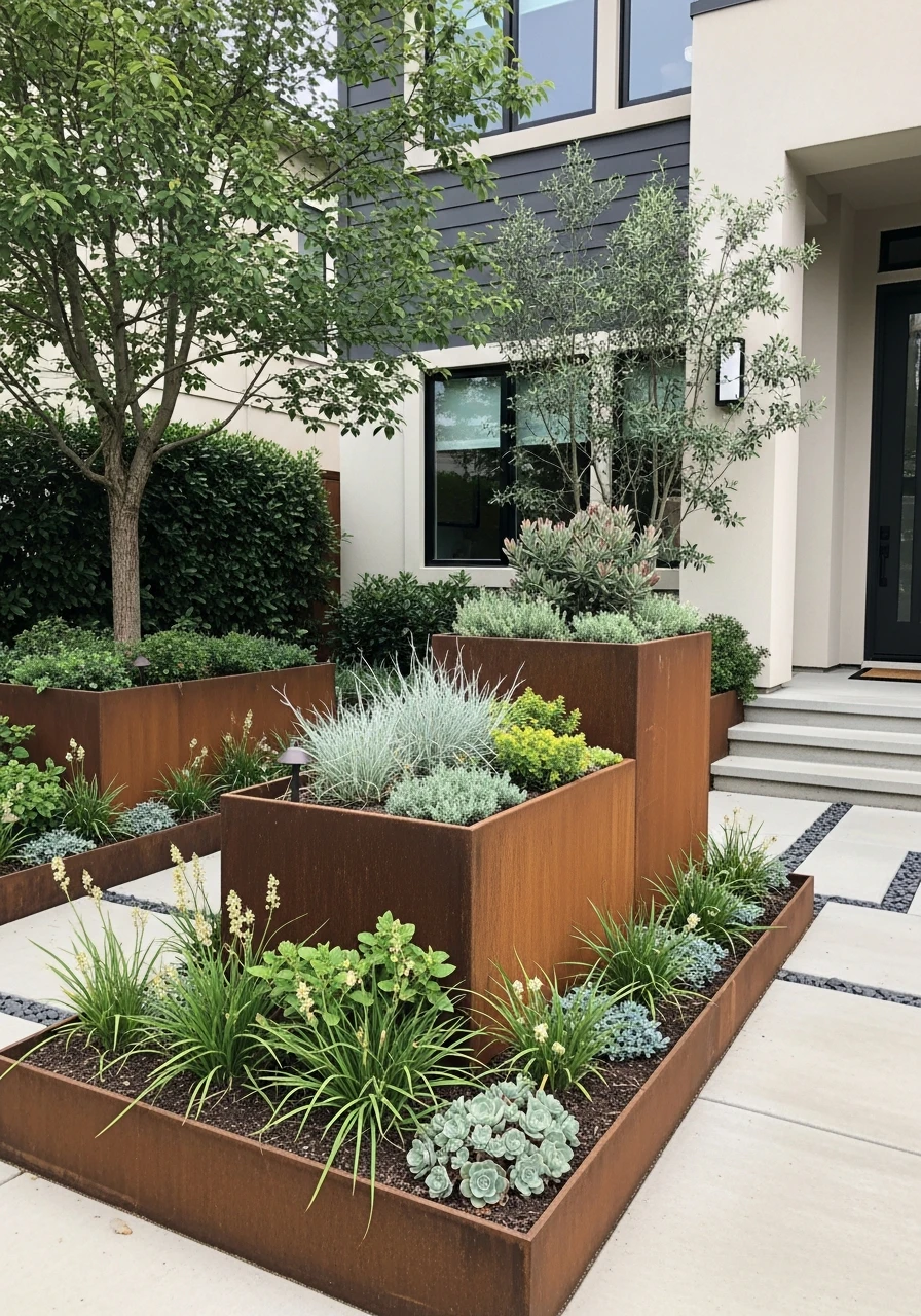 15. Modern Steel Planter Front Garden Design