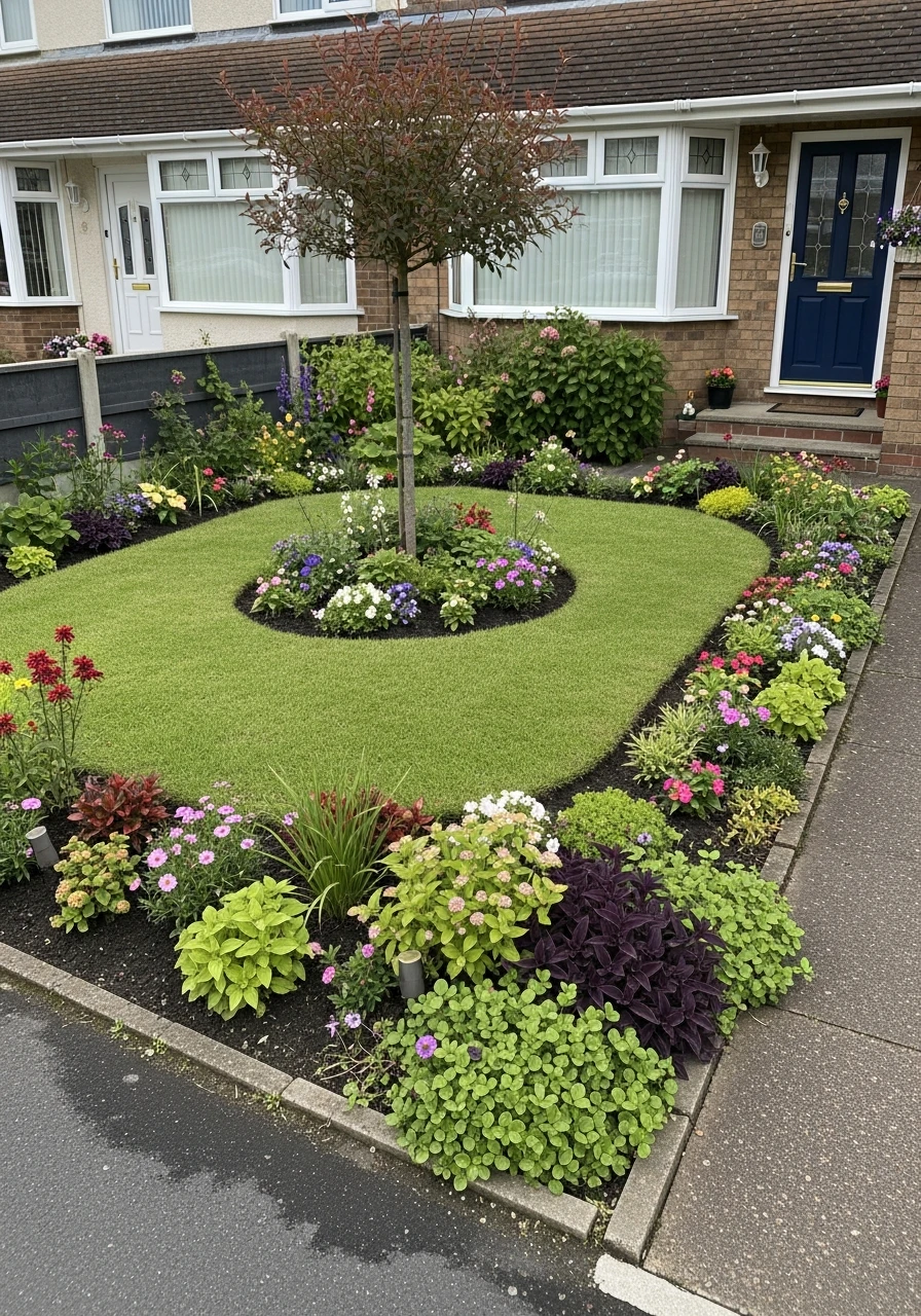 28. Green Lawn Island With Flower Beds