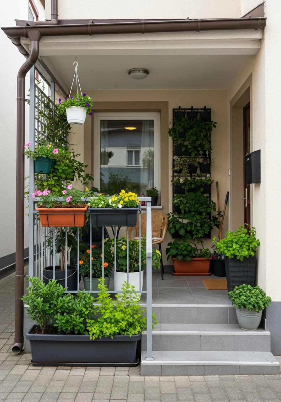 47. Compact Balcony-Style Front Porch Garden