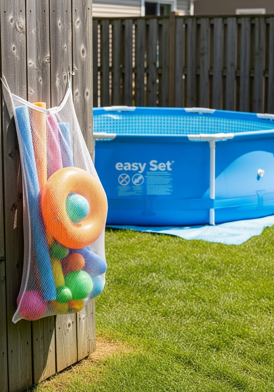 Use Mesh Toy Storage - 25 Stylish Inflatable Pool Ideas for a High-End Backyard Look