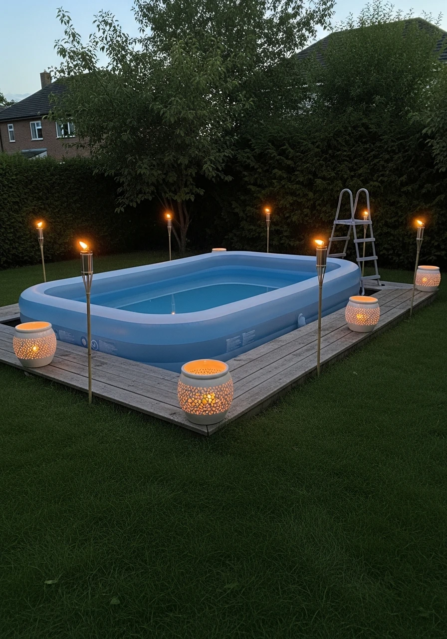 Use Citronella Lighting - 25 Stylish Inflatable Pool Ideas for a High-End Backyard Look