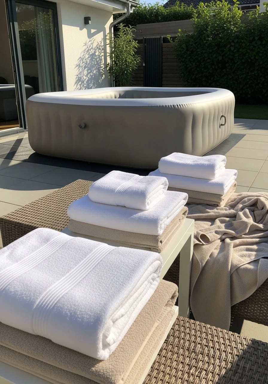 Use Neutral Towels - 25 Stylish Inflatable Pool Ideas for a High-End Backyard Look