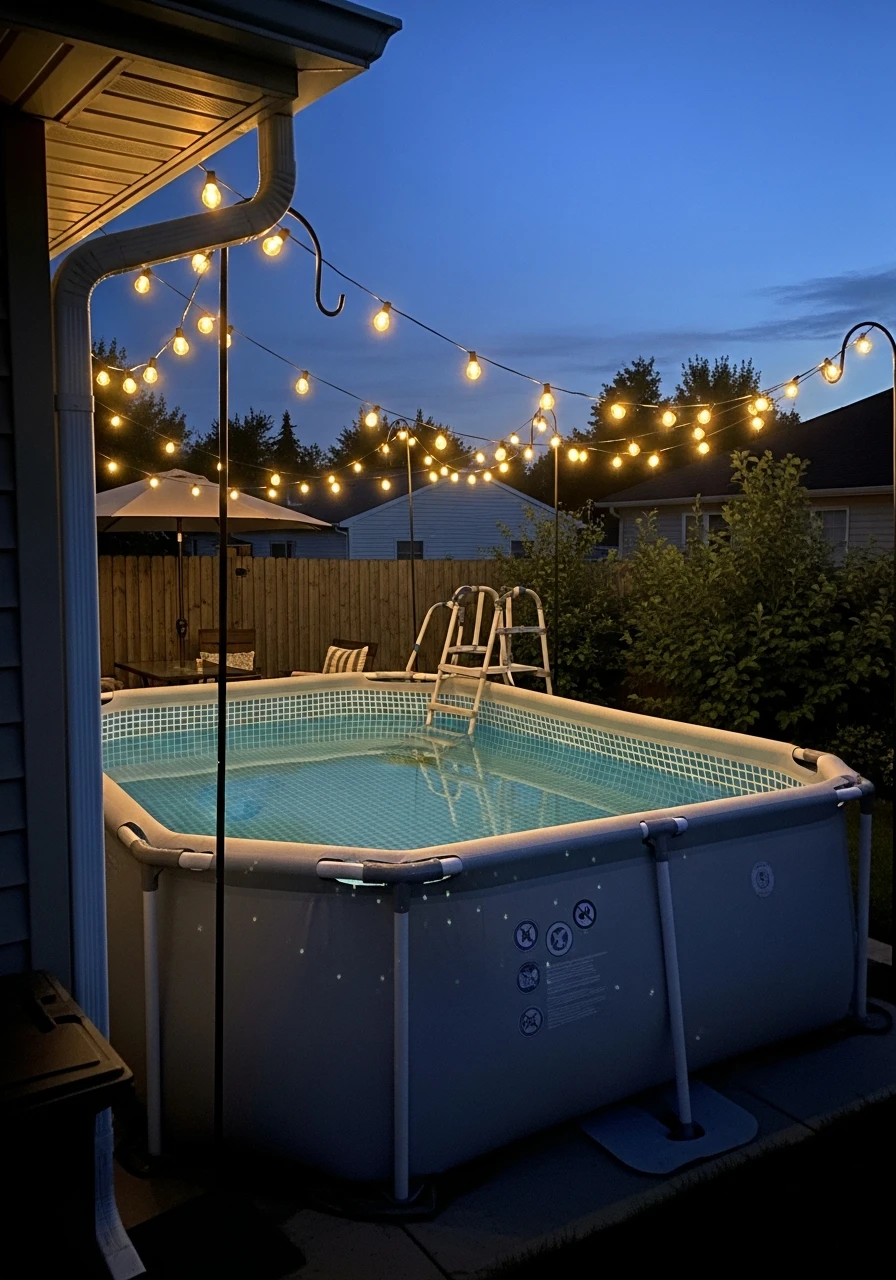 Hang Warm String Lights - 25 Stylish Inflatable Pool Ideas for a High-End Backyard Look