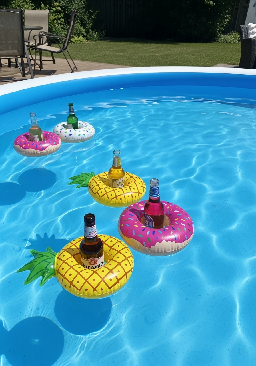 Use Floating Drink Holders - 25 Stylish Inflatable Pool Ideas for a High-End Backyard Look