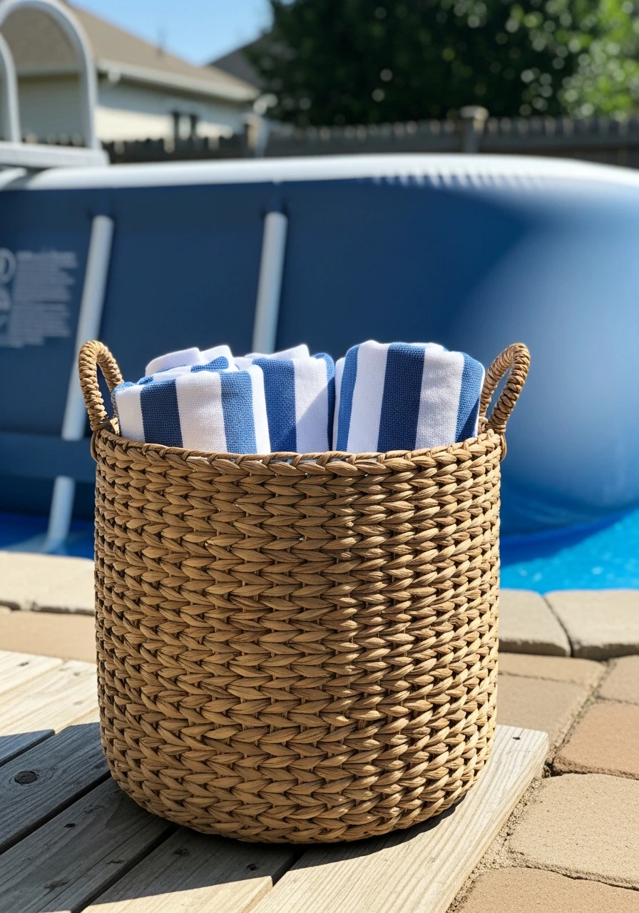 Woven Basket Towel Storage - 25 Stylish Inflatable Pool Ideas for a High-End Backyard Look