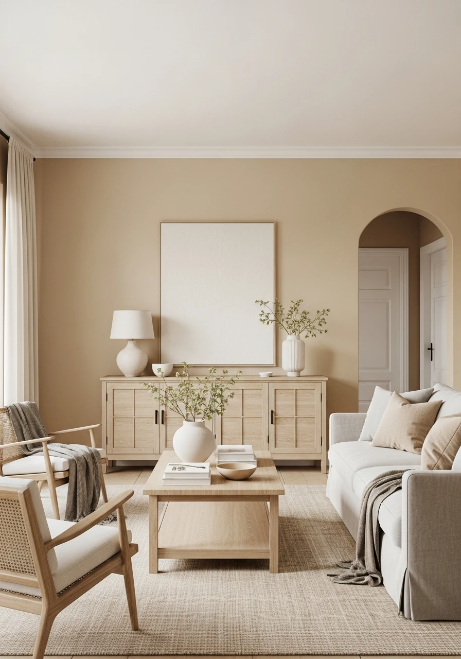 20. Warm Sand Beige Coastal Living Room