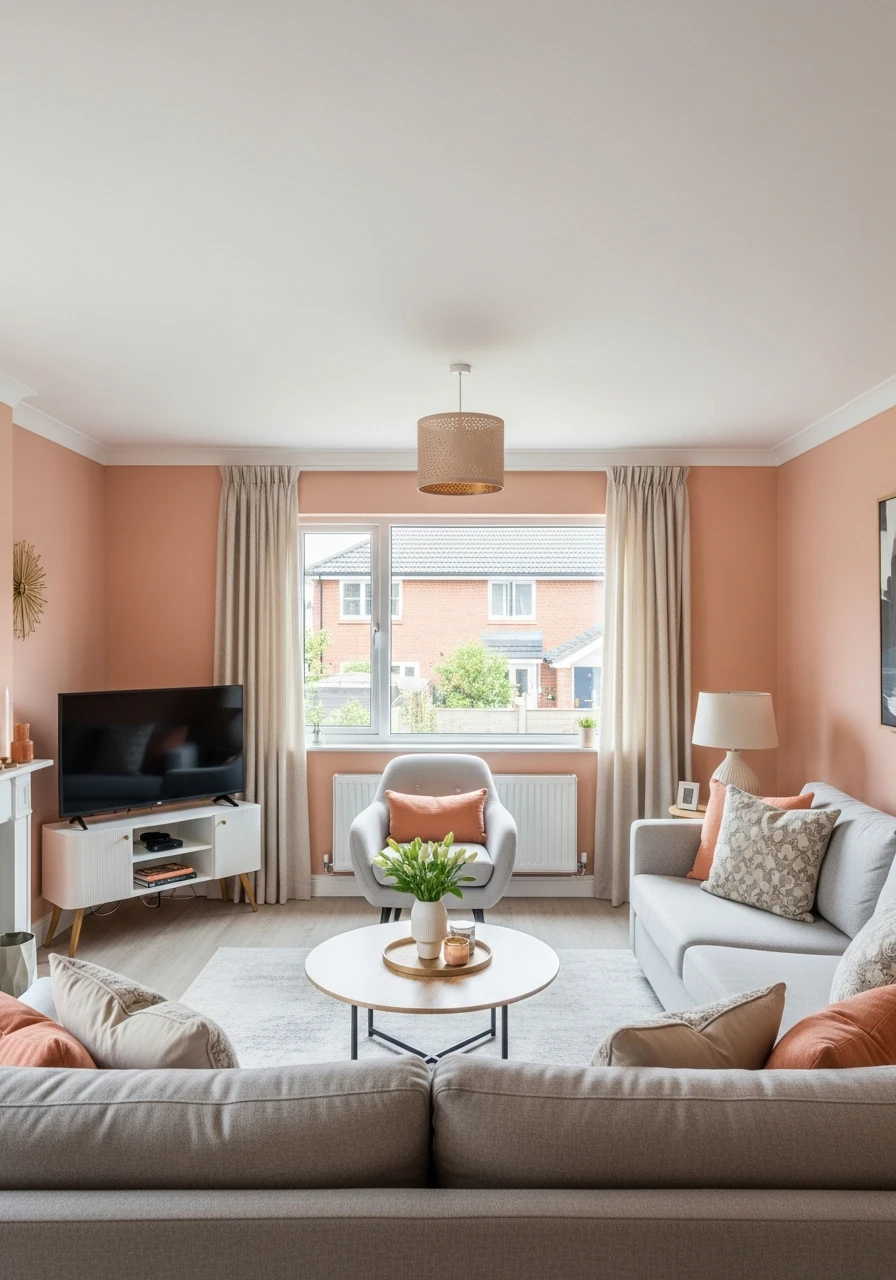 40. Soft Coral Contemporary Living Room