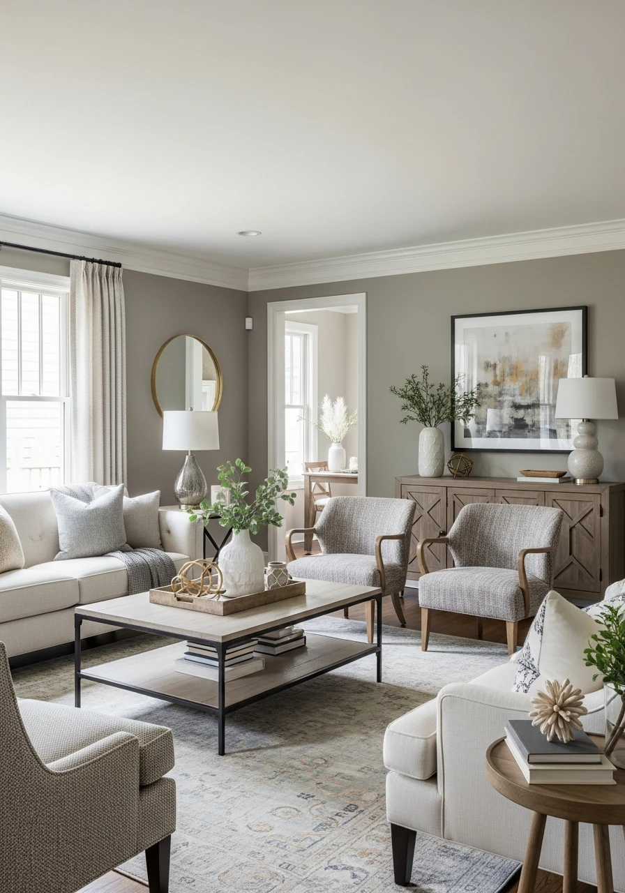 44. Warm Gray Beige Transitional Living Room
