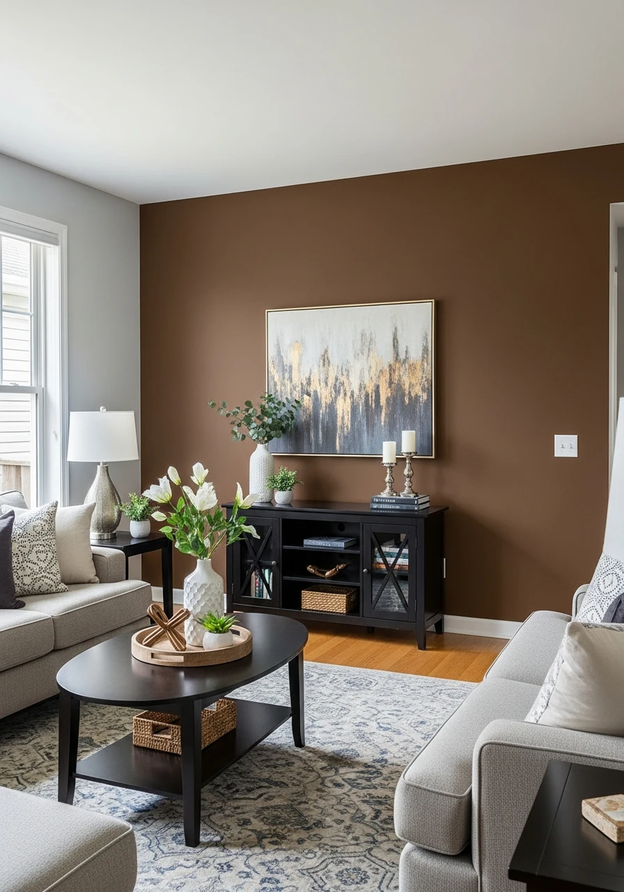 49. Dark Coffee Accent Wall Living Room