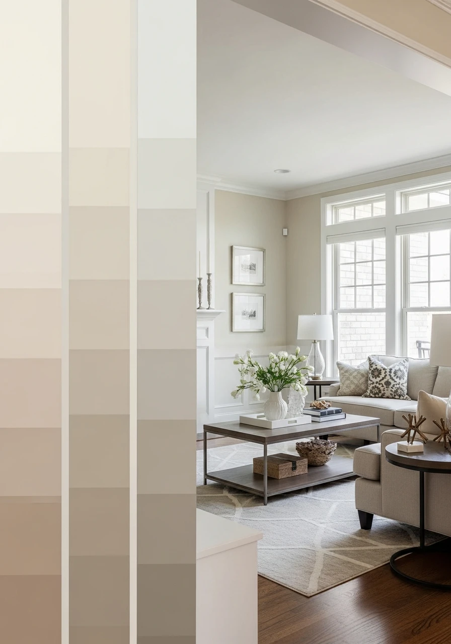 50. Soft Neutral Layered Tone Living Room