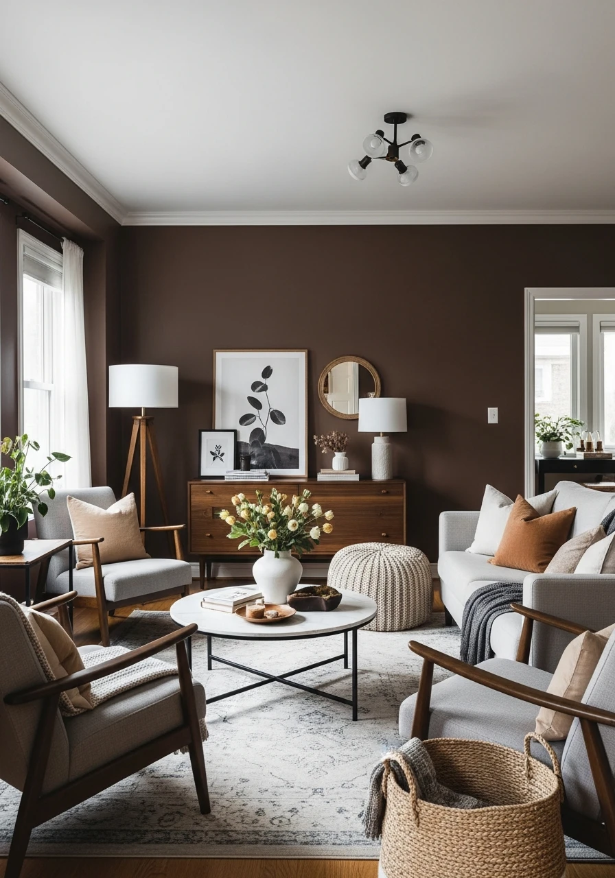 7. Espresso Brown Dramatic Living Room