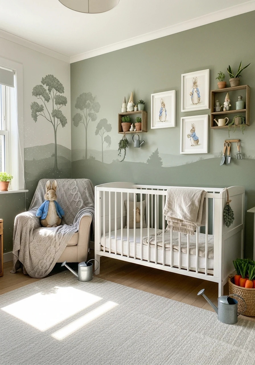Sage Green Feature Wall - Peter Rabbit Nursery Ideas: Create a Magical Space!