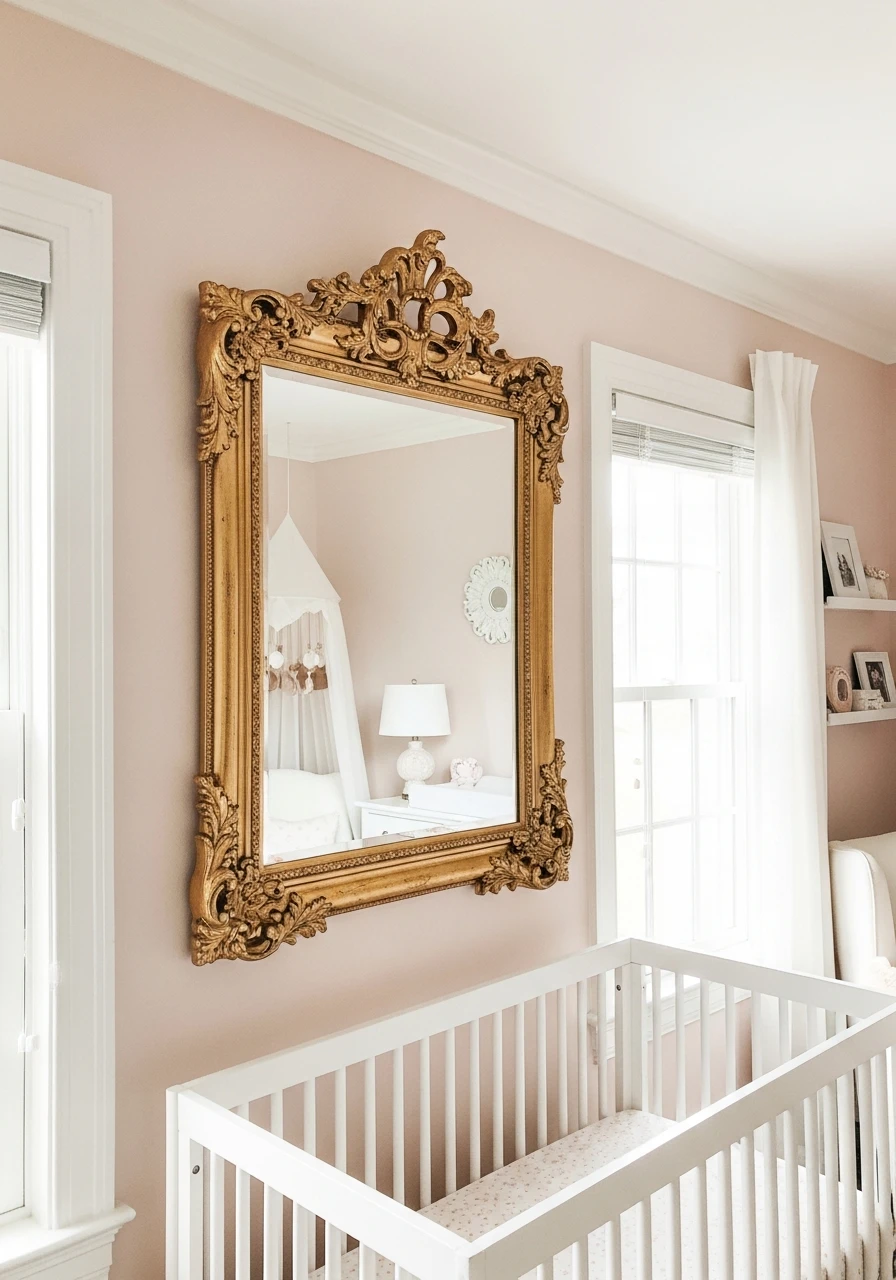 Ornate Gold Wall Mirror - 35 Chic Pink Nursery Ideas That Look Instantly High-End
