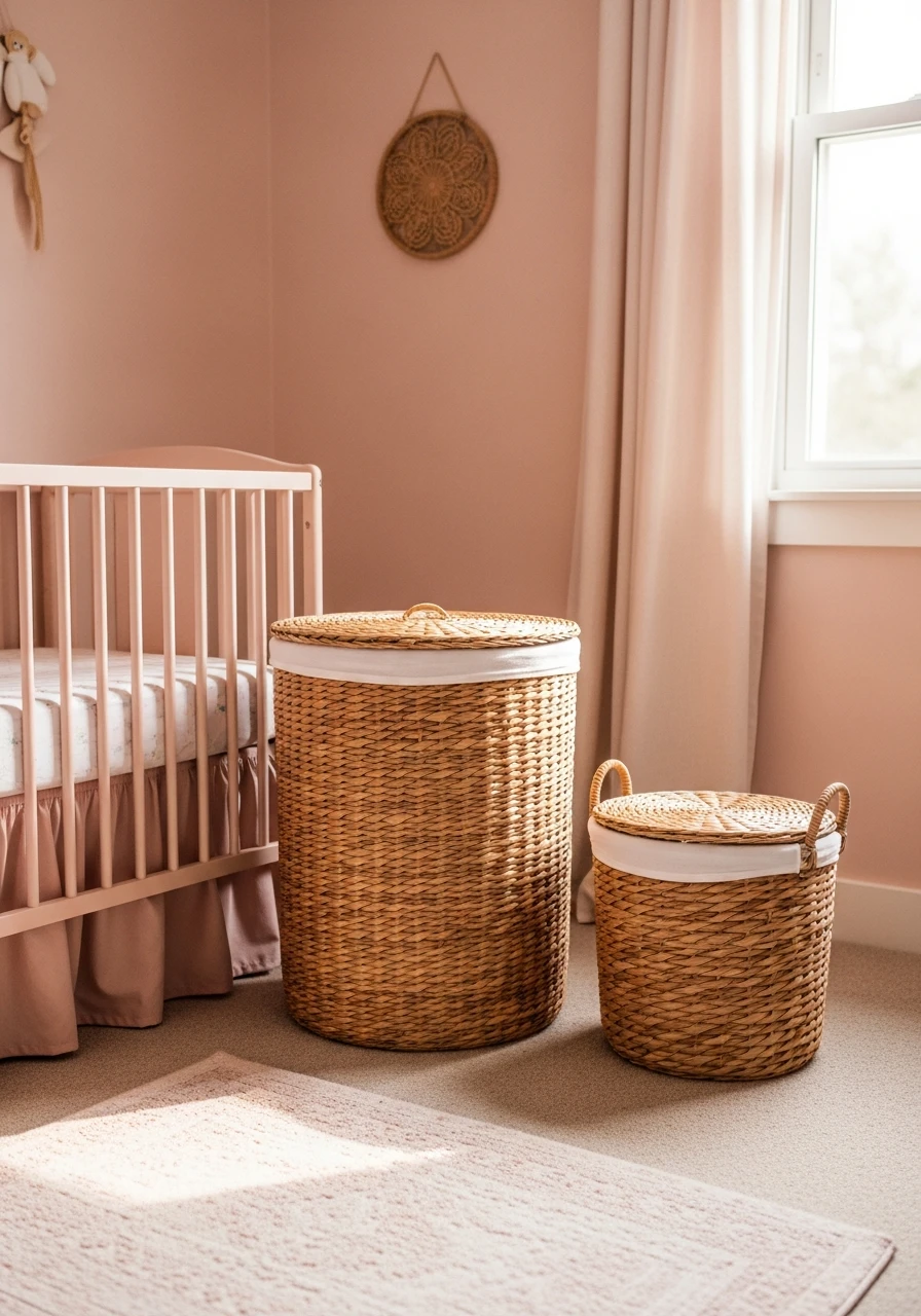 Natural Rattan Baskets - 35 Chic Pink Nursery Ideas That Look Instantly High-End