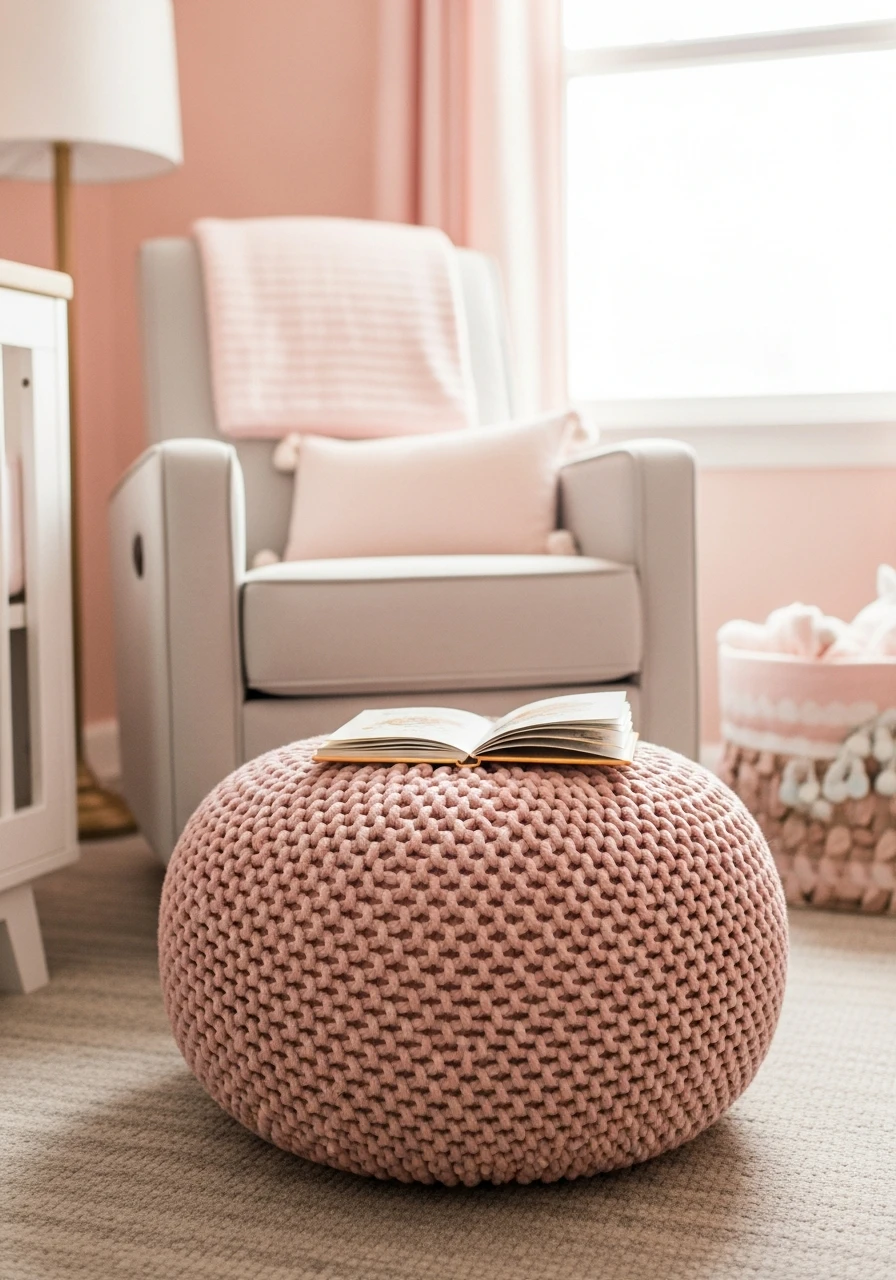 Add a Knit Pouf Ottoman - 35 Chic Pink Nursery Ideas That Look Instantly High-End