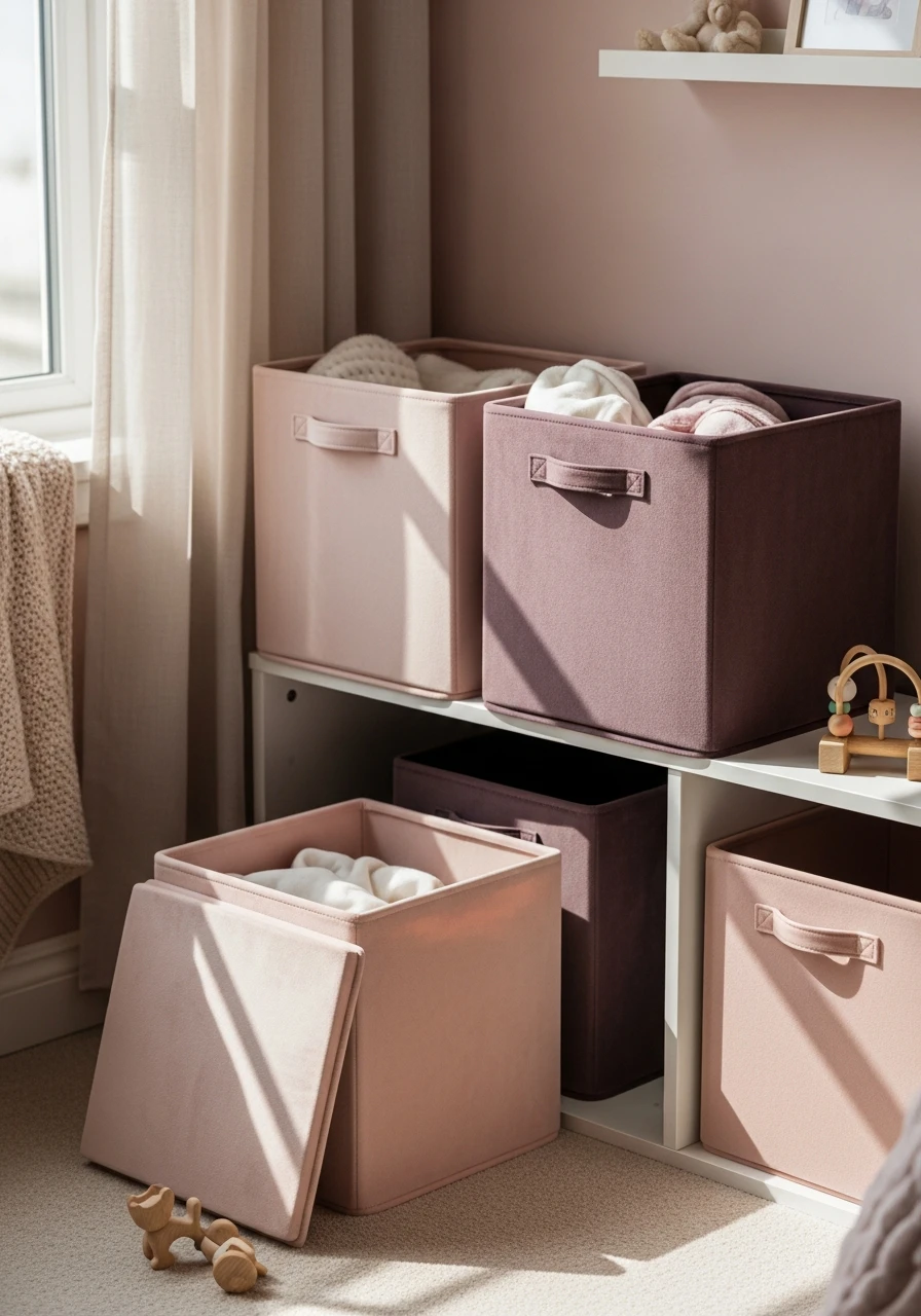 Velvet Storage Bins - 35 Chic Pink Nursery Ideas That Look Instantly High-End
