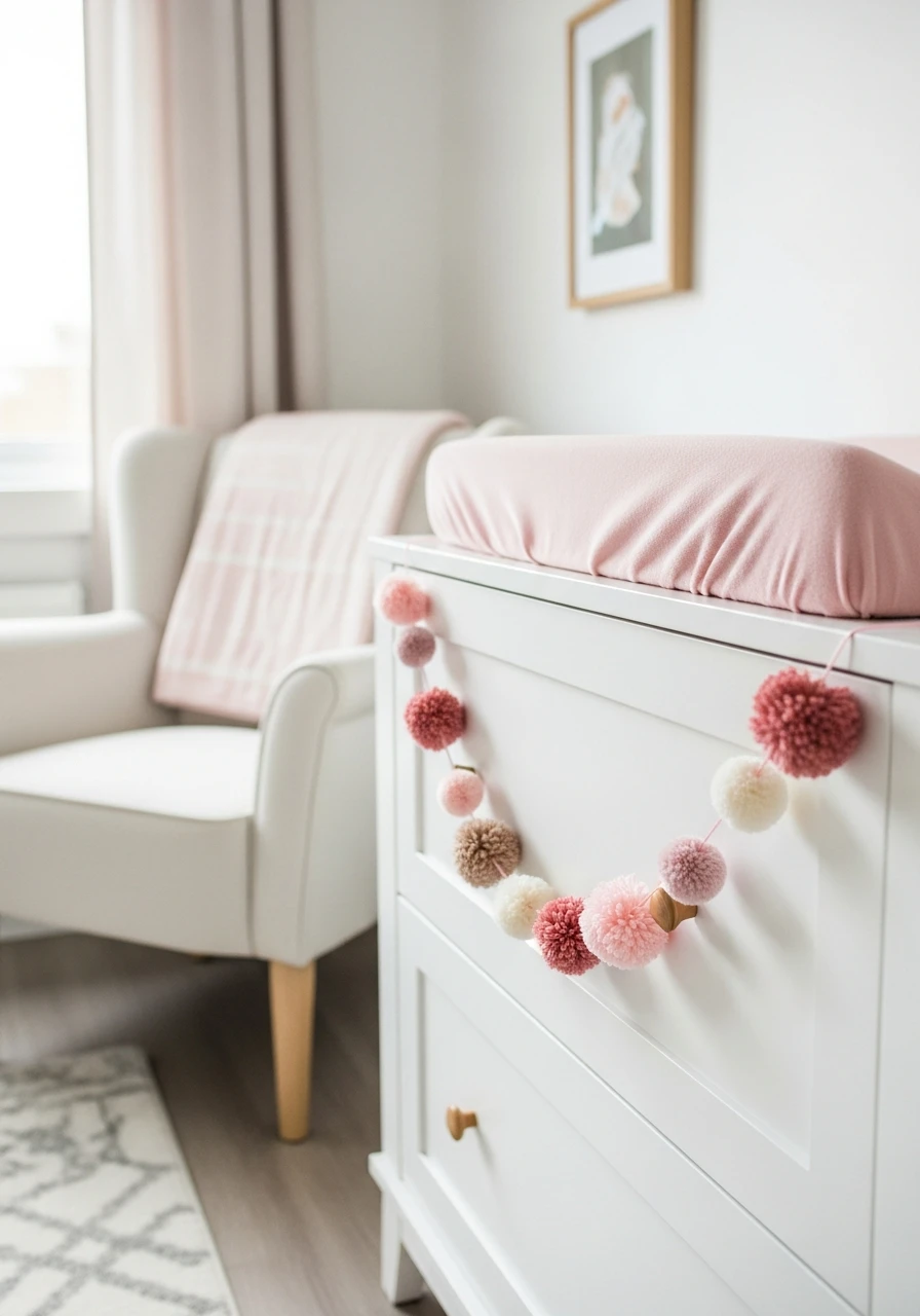 Simple Pom Pom Garland - 35 Chic Pink Nursery Ideas That Look Instantly High-End