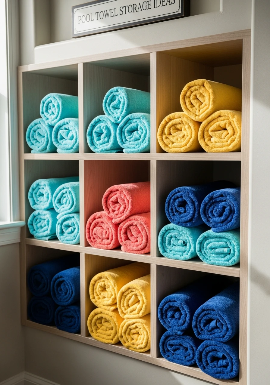 Cubby Shelf Towel Display - 35 Brilliant Pool Towel Storage Ideas for a Tidy Oasis