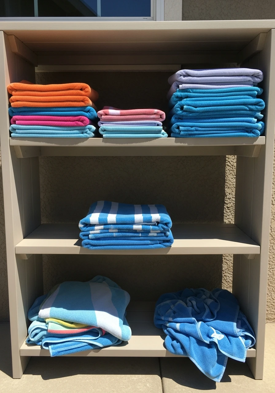 Tiered Outdoor Shelves - 35 Brilliant Pool Towel Storage Ideas for a Tidy Oasis